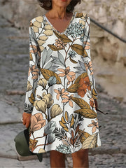  Casual Dress Women's Allover Print Long Sleeve V Neck Mini Dress