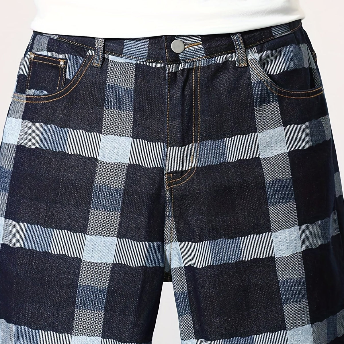 Vintage Plaid Denim Shorts Men's Casual Street Style Summer Shorts