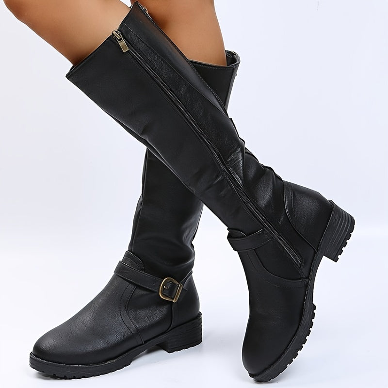 Women's Knee High Riding Boots Chunky Low Heel Buckle Zip Detail Long Boots
