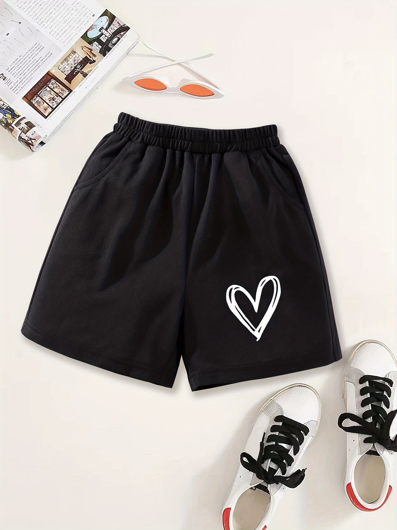 Girls Heart Print Sweat Shorts Elastic Waist Casual Sports Clothes
