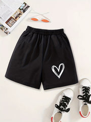 Girls Heart Print Sweat Shorts Elastic Waist Casual Sports Clothes