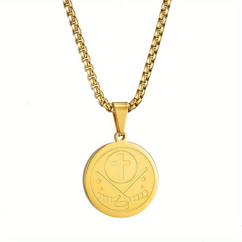 Men's Stainless Steel Ice Hockey Round Pendant Necklace
