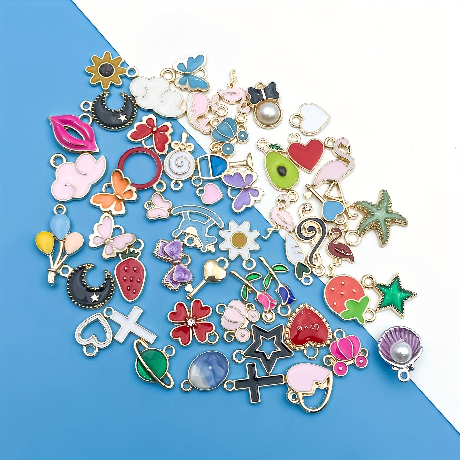 50pcs Enamel Mix Flowers Heart Charms Pendants DIY Jewelry Making
