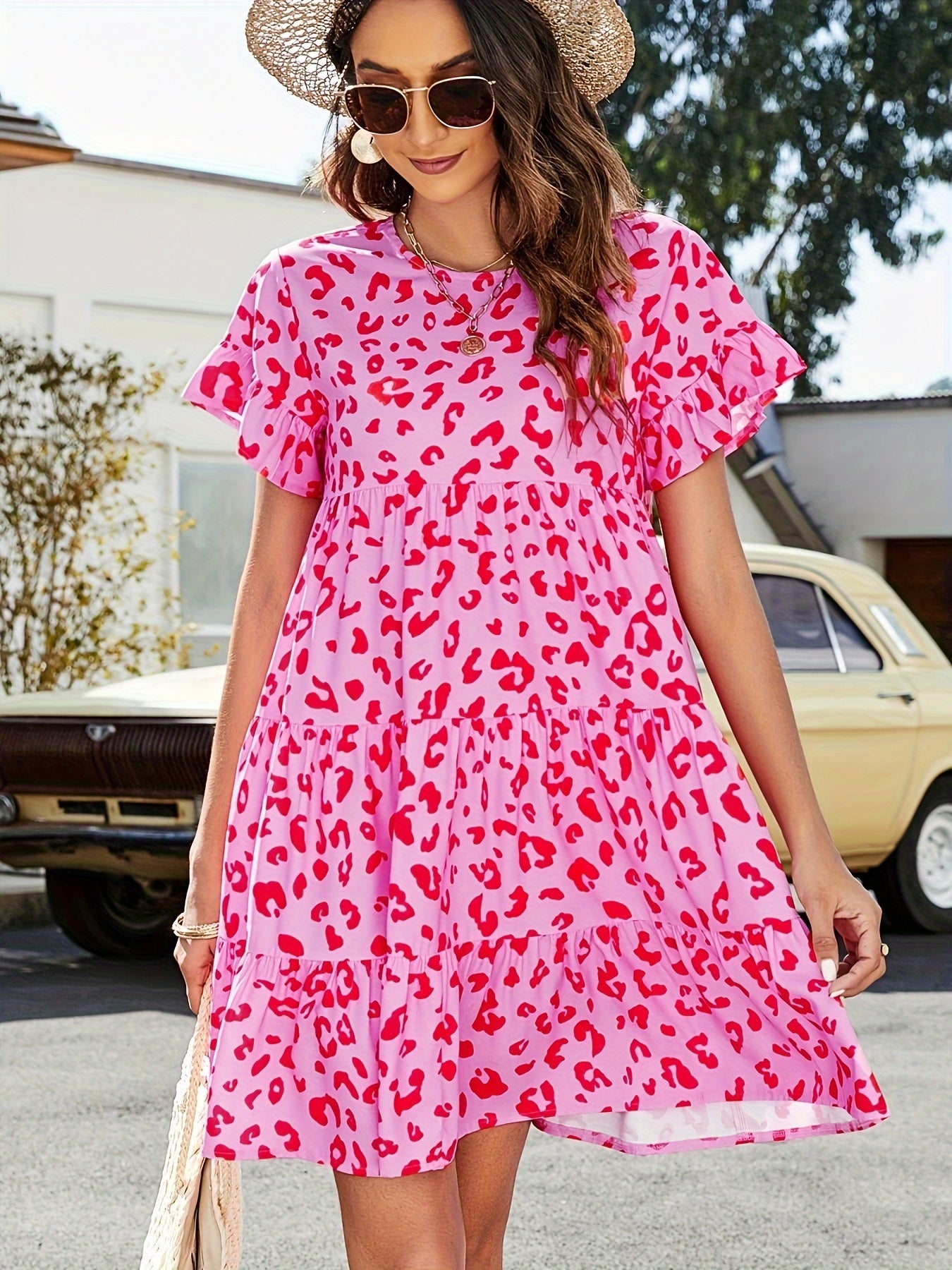  Leopard Print Round Neck Smock Dress
