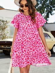  Leopard Print Round Neck Smock Dress