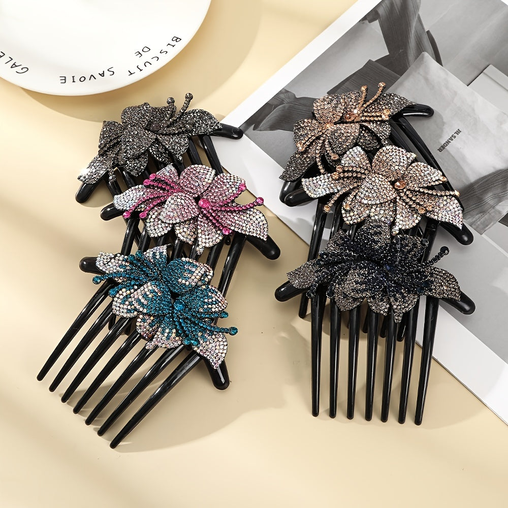 Vintage Crystal Hair Comb Barrettes Rhinestone Flower Clips Ponytail Holder