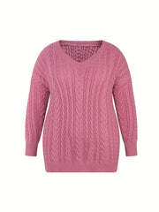  Solid Jacquard Drop Shoulder V Neck Sweater