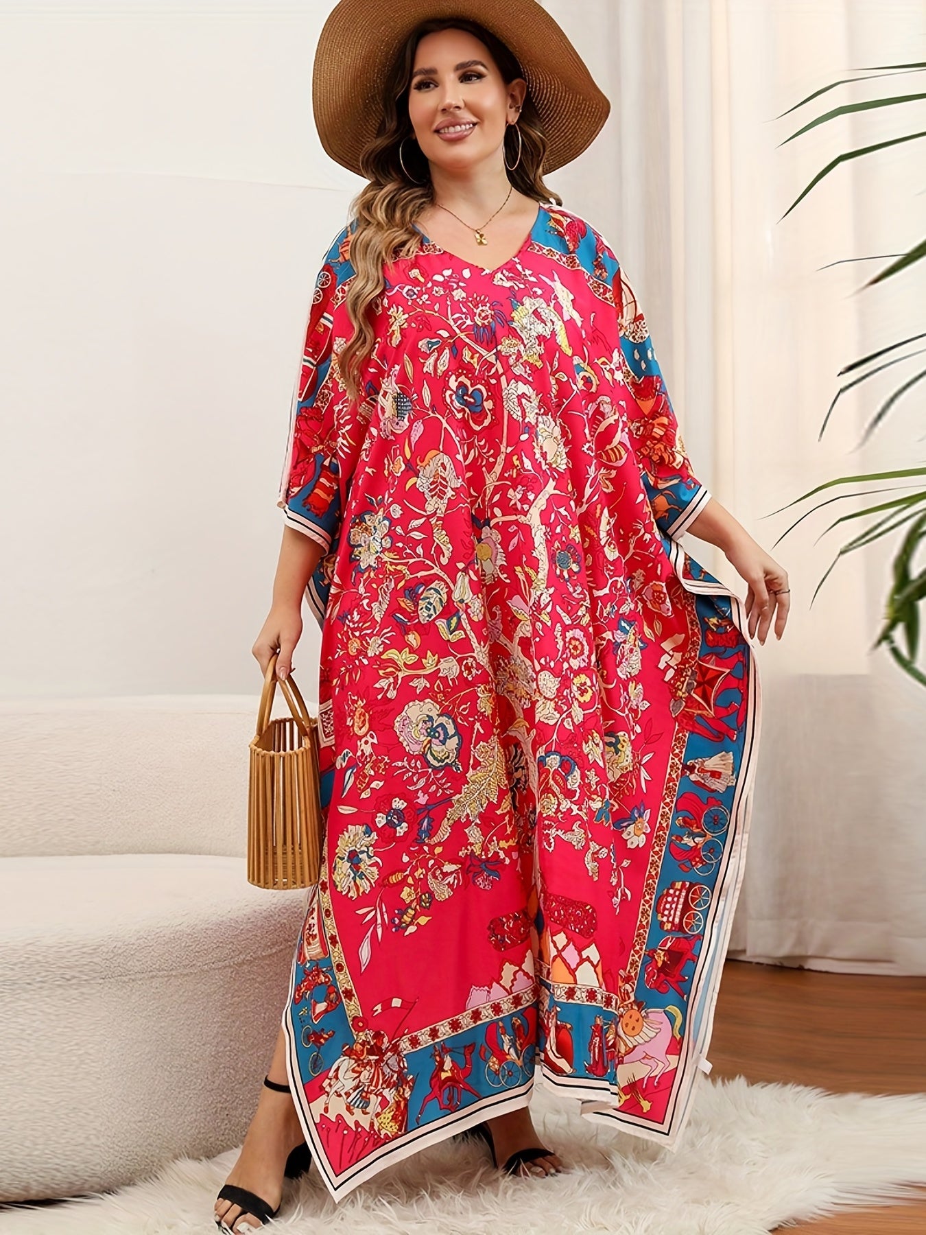  Boho Cover Up Dress Women's Plus Floral Print Bat Sleeve V Neck