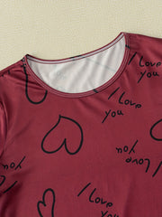 Heart Print Pajama Set Short Sleeve Crew Neck Top & Cozy Shorts