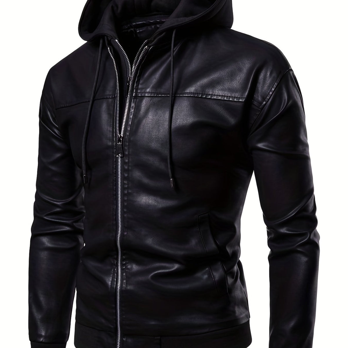Men's PU Hooded Biker Jacket Zip Up Faux Leather