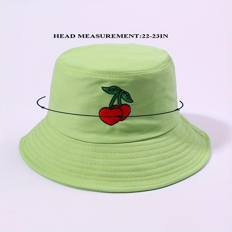 Cherry Embroidery Bucket Hat Casual Sunscreen Fisherman Cap
