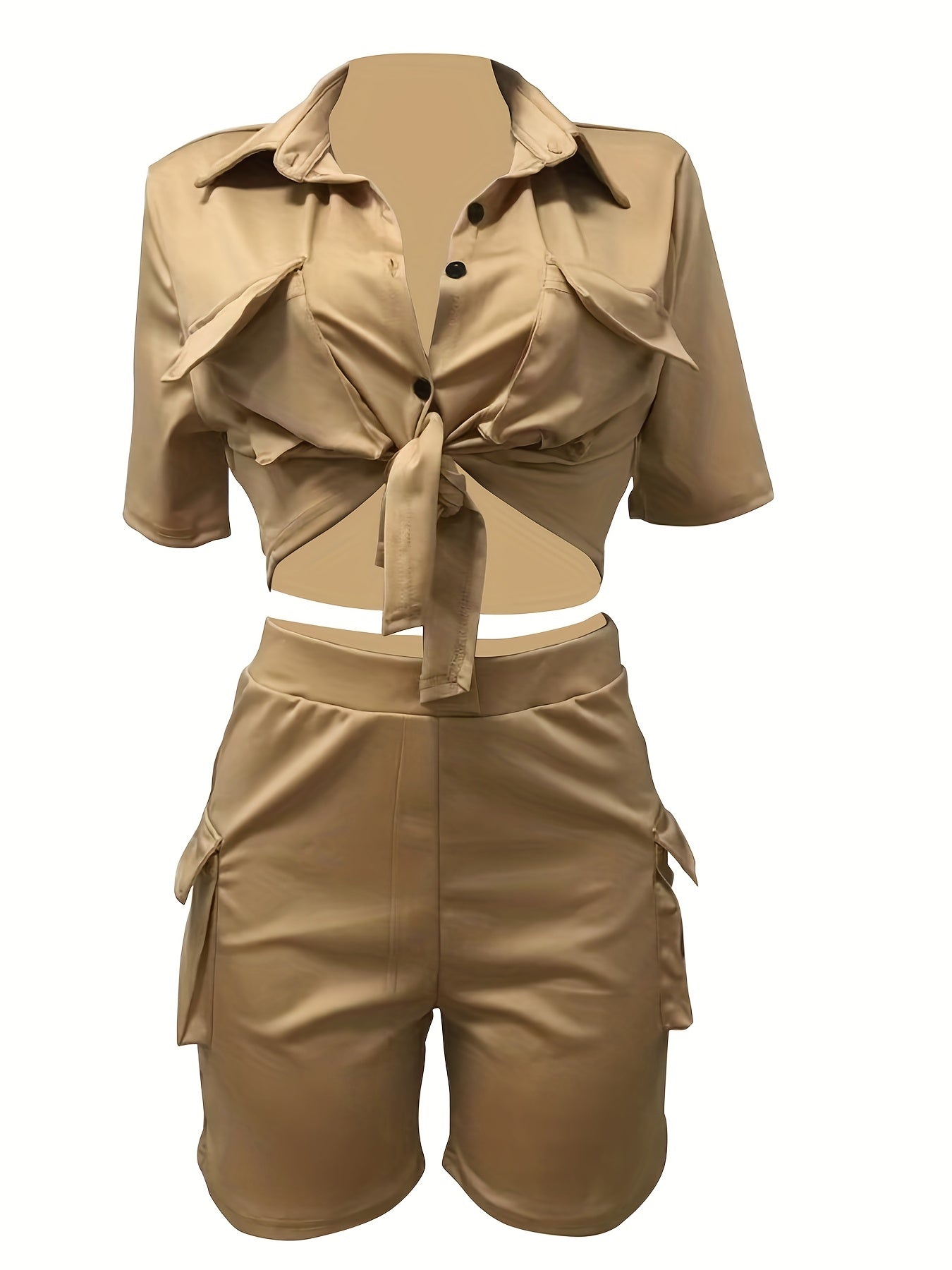 Casual Solid Matching Two Piece Set Short Sleeve Blouse & Flap Pockets Shorts