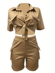 Casual Solid Matching Two Piece Set Short Sleeve Blouse & Flap Pockets Shorts