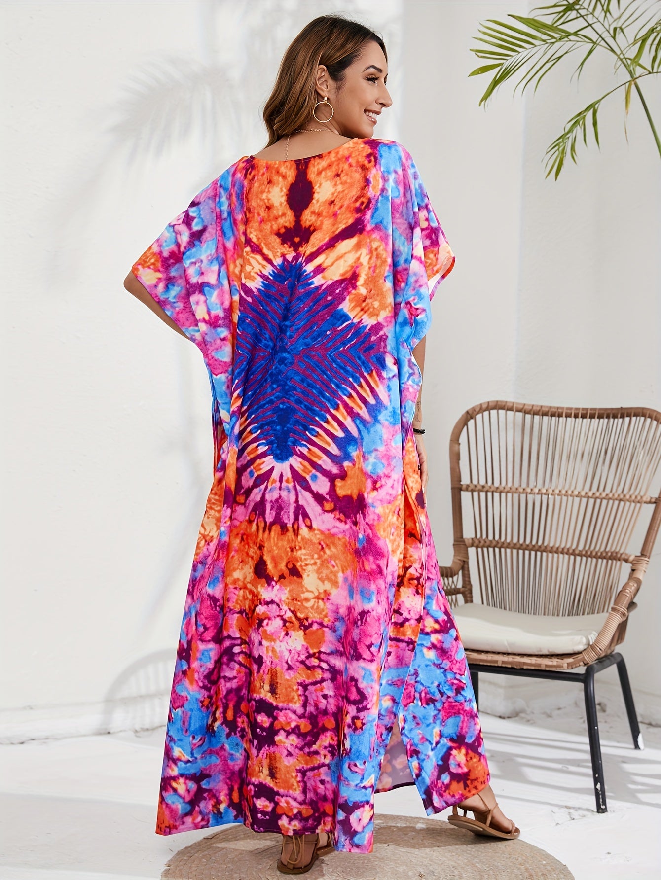  Boho Tie Dye Geo Pattern Cover Up Maxi Dress