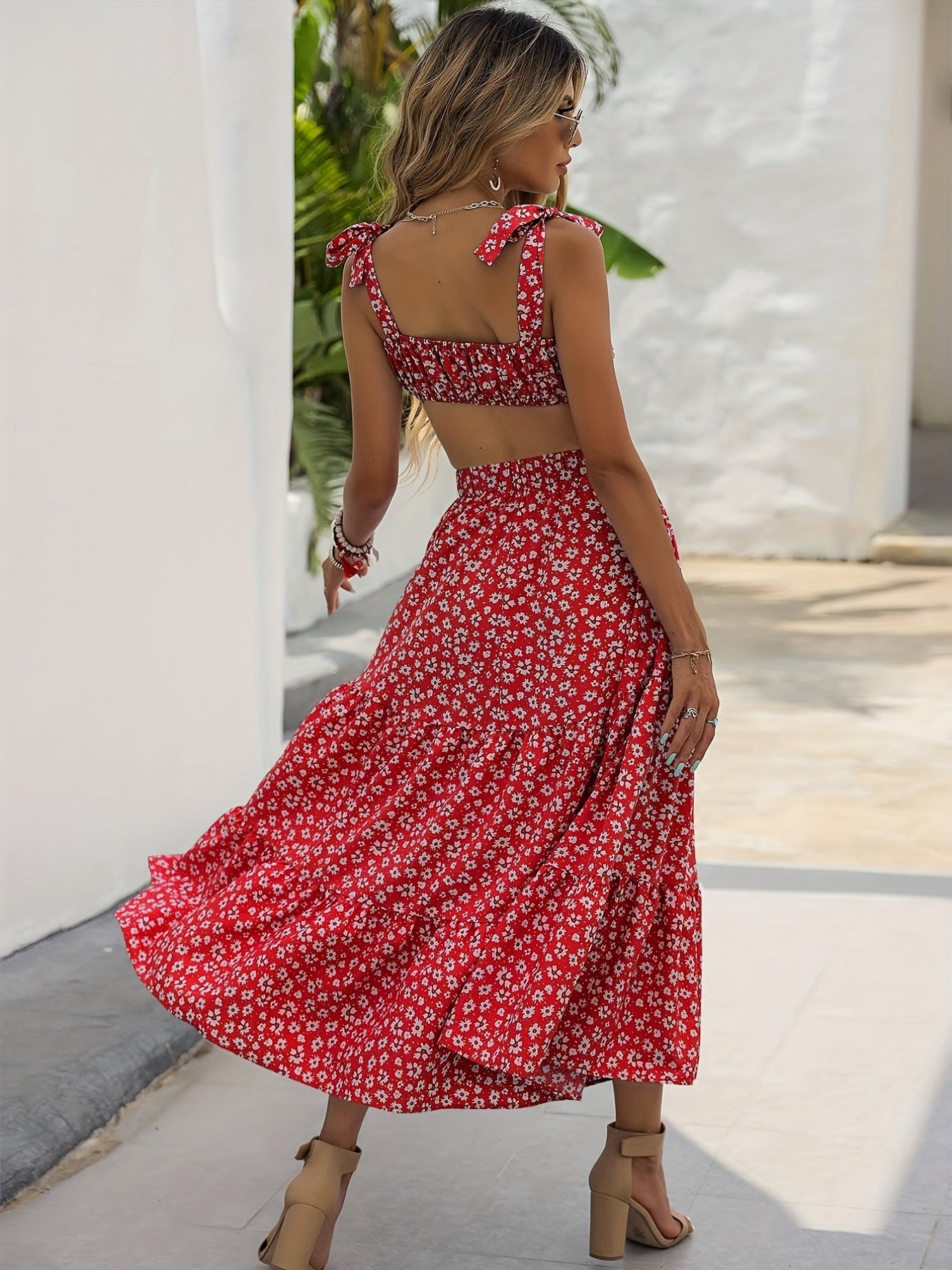 Floral Print Crop Top & High Waist Ruffle Midi Skirt Set