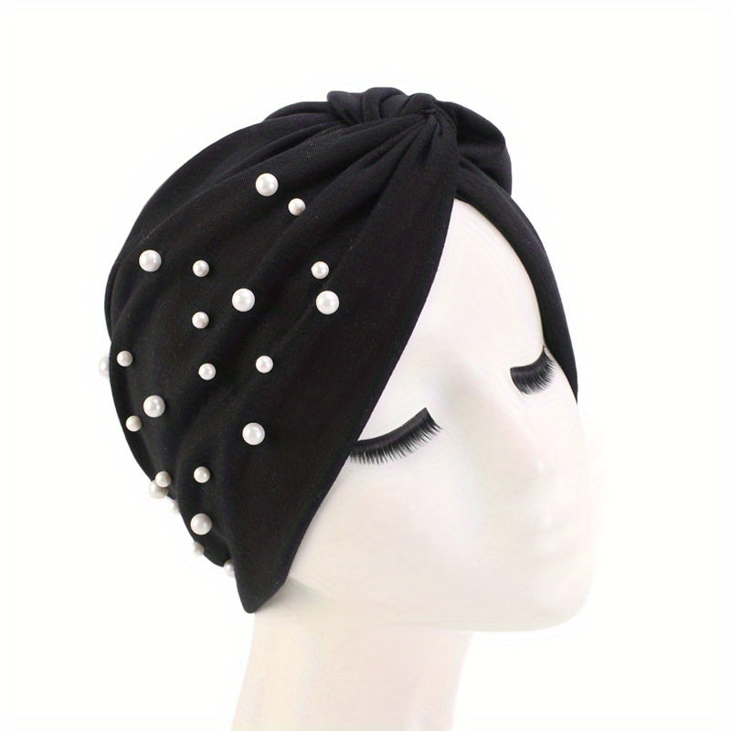 Faux Pearl Decor Turban Cap Solid Pleated Head Wrap