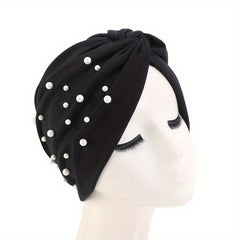 Faux Pearl Decor Turban Cap Solid Pleated Head Wrap