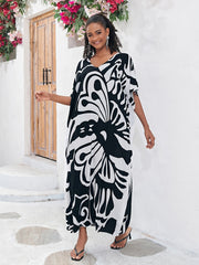 Plus Size Boho Kaftan Dress Women's Plus Butterfly Print V Neck Beachwear Maxi