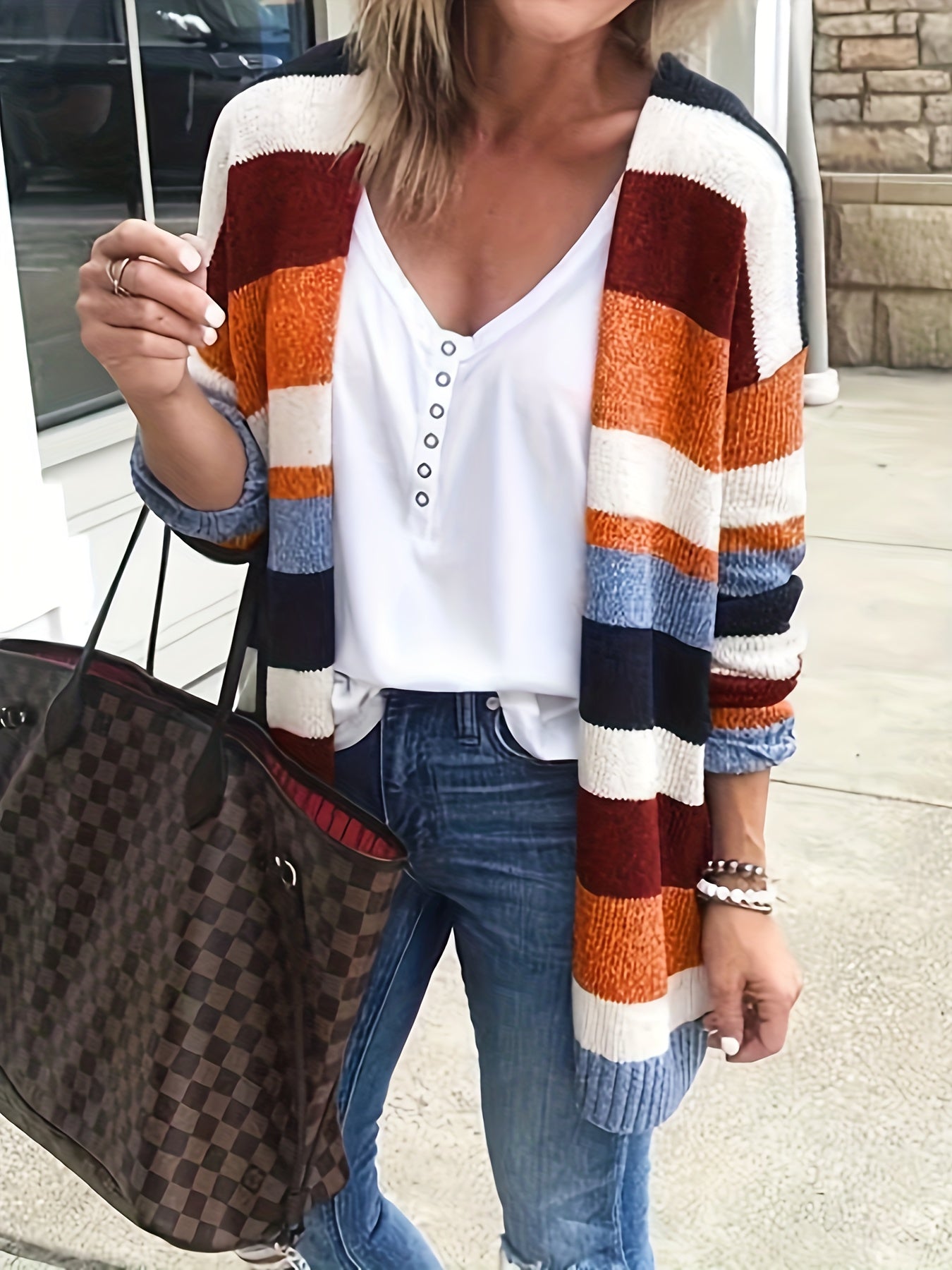  Striped Knitted Long Sleeve Cardigan