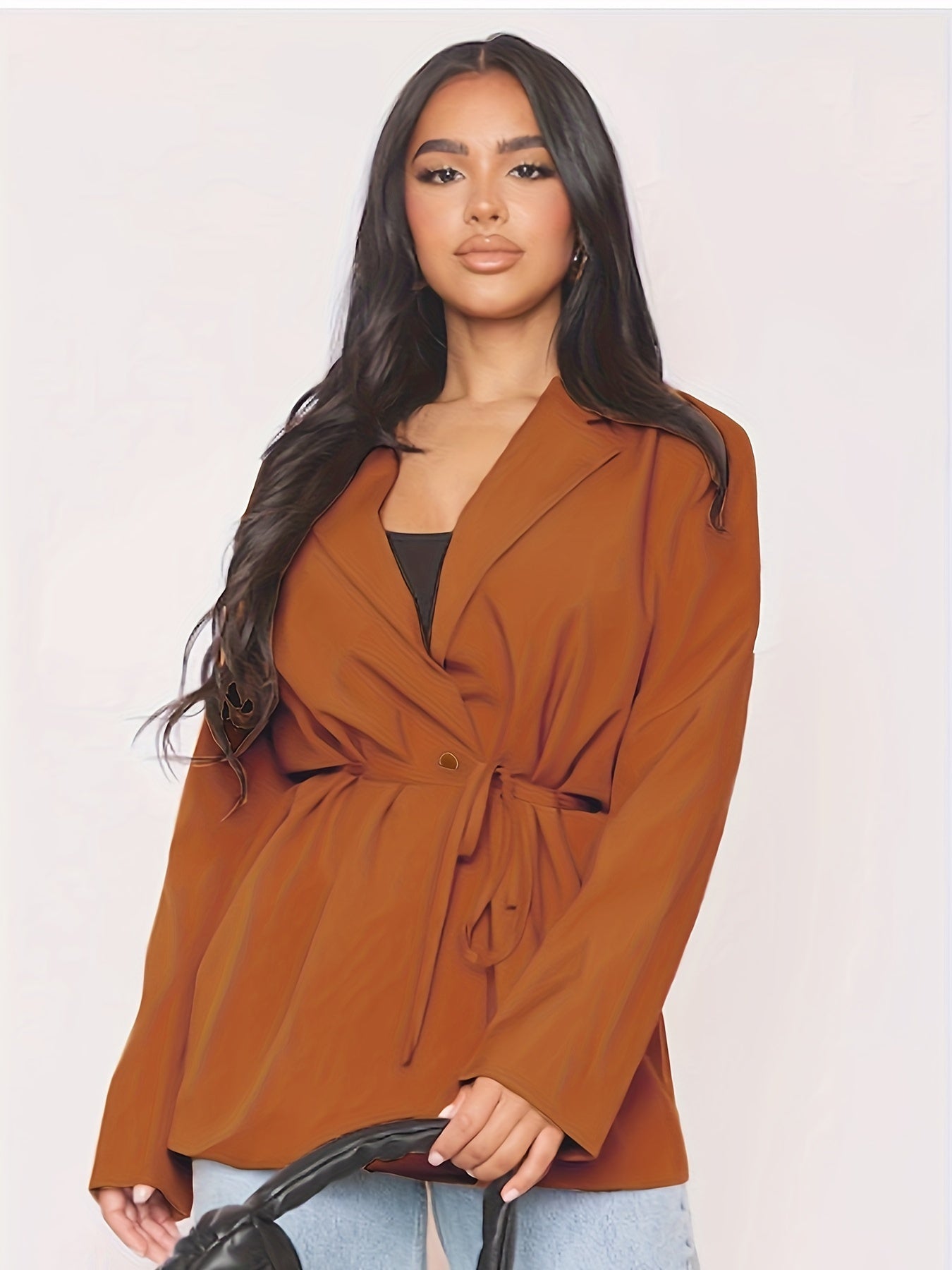  Solid Long Sleeve Workwear Blazer With Belt