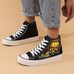 Skull Print Lightweight High Top Canvas Sneakers
