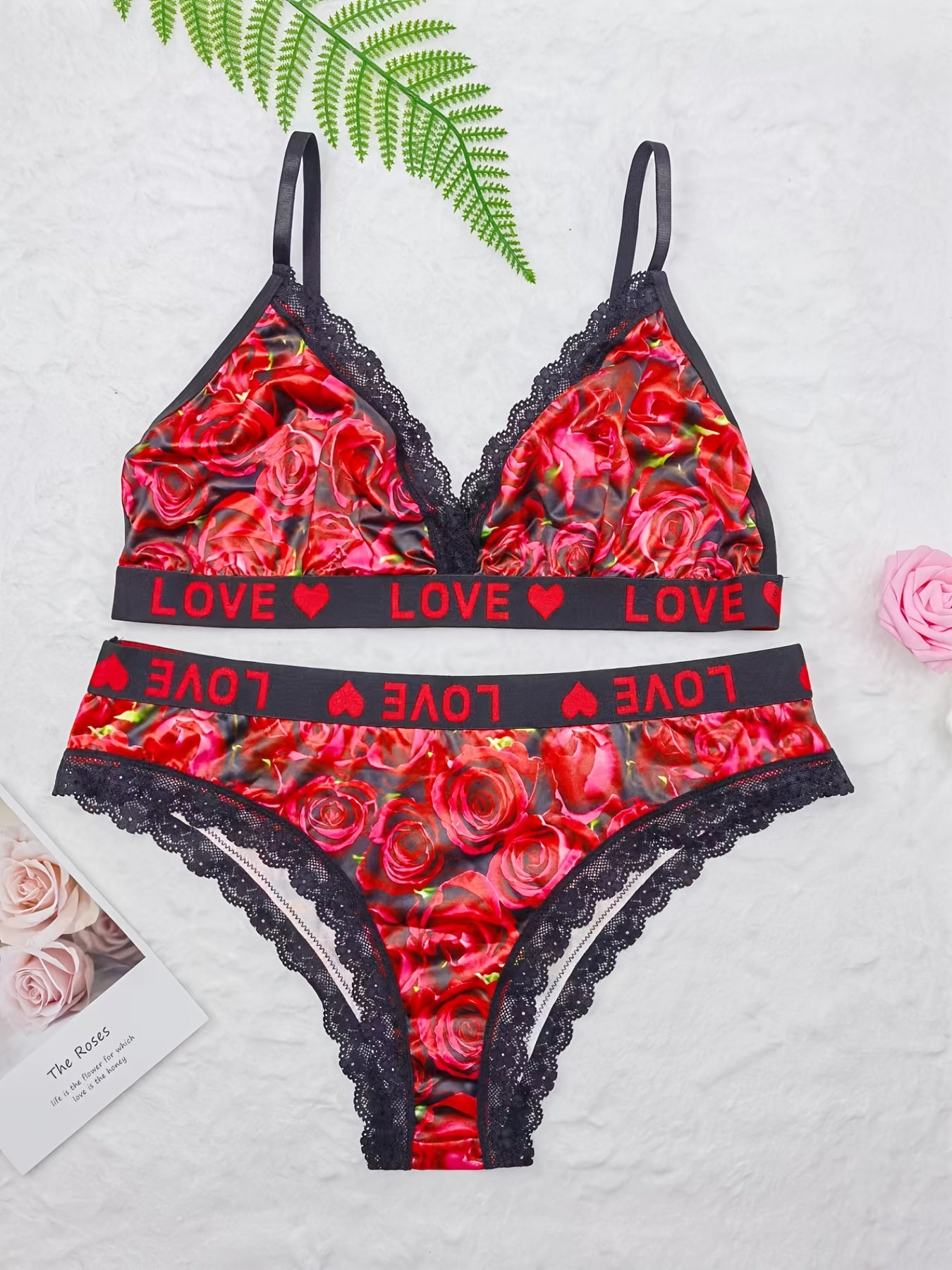  Rose Print Romantic Bra & Panties Set Women's Plus Sexy Lingerie Set
