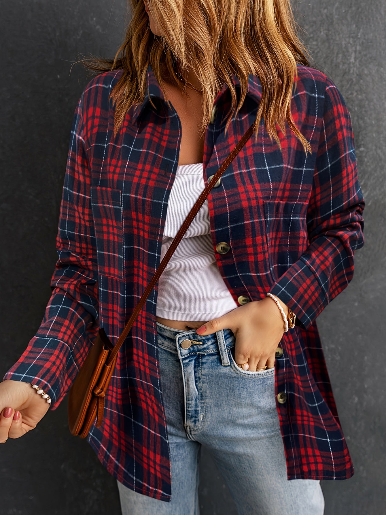  Casual Plaid Print Button Up Long Sleeve Shirt Top