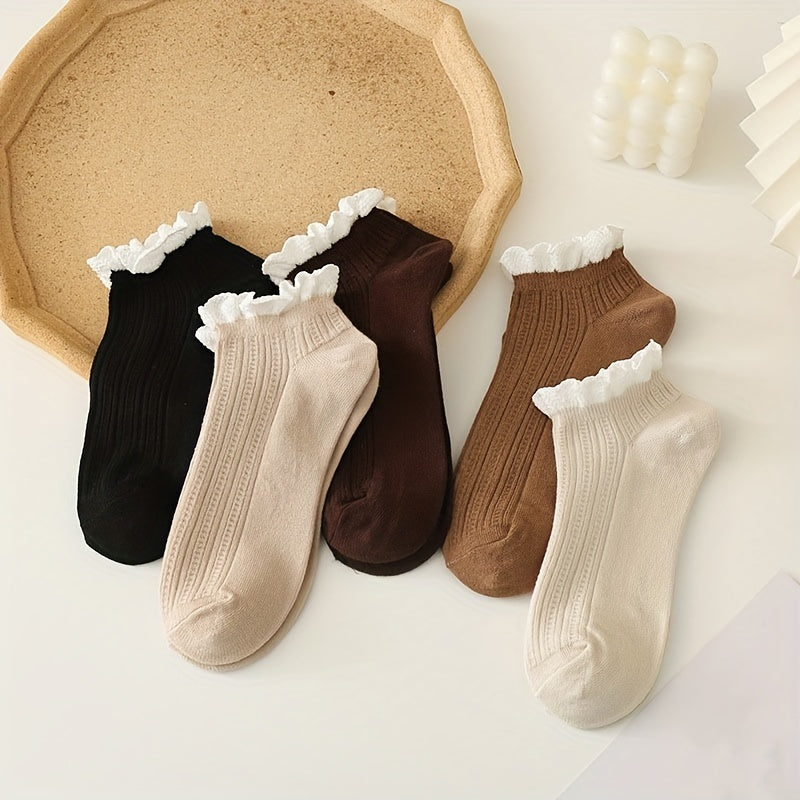 5 Pairs Lace Ruffle Socks Retro Style Sweet & Short Socks Women's Stockings