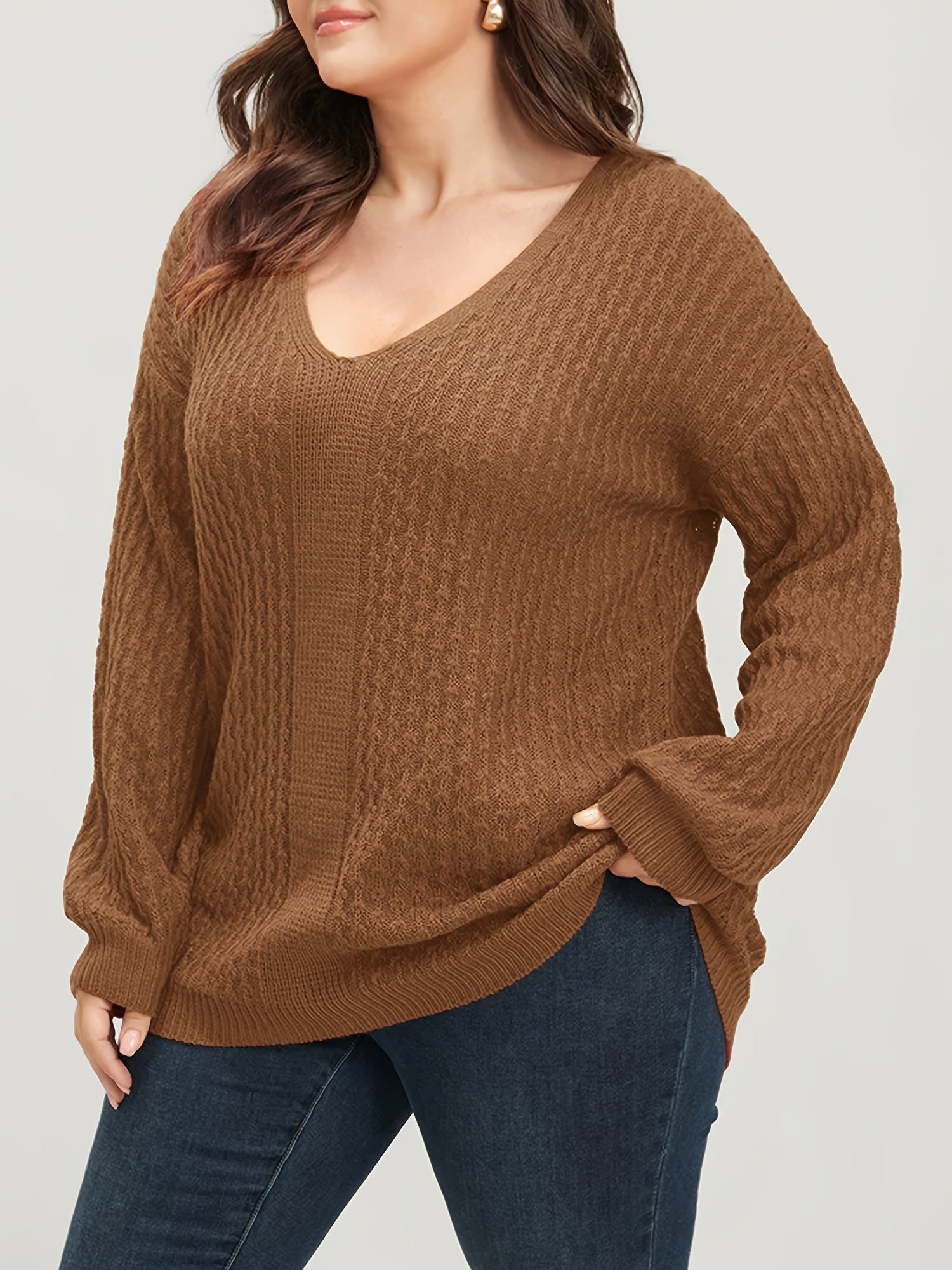  Solid Jacquard Long Sleeve V Neck Knit Top