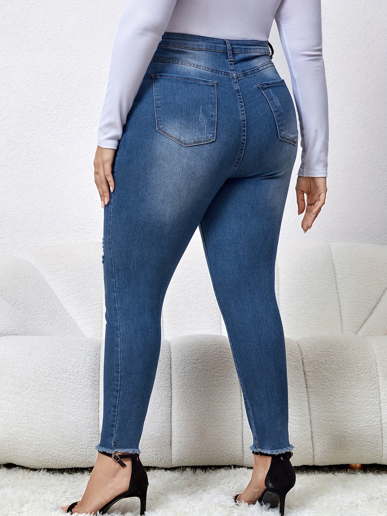  Casual Jeans Women's Plus Washed Ripped Button Fly High Stretch Jeans