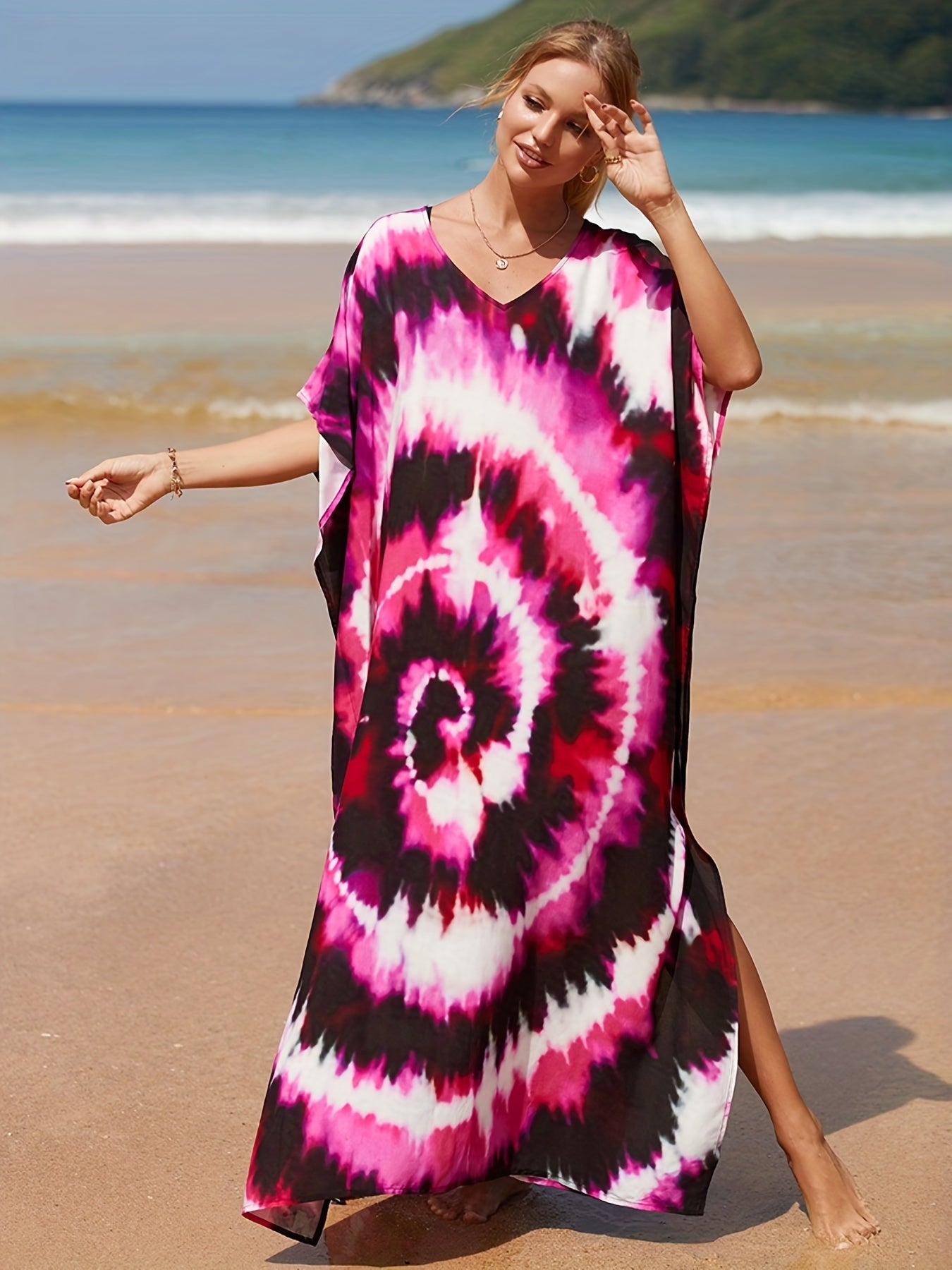  Boho Cover Up Dress Women's Tie Dye Bat Sleeve V Neck Stretch