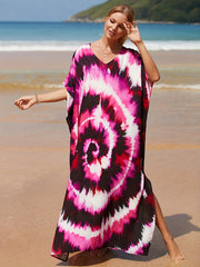  Boho Cover Up Dress Women's Tie Dye Bat Sleeve V Neck Stretch