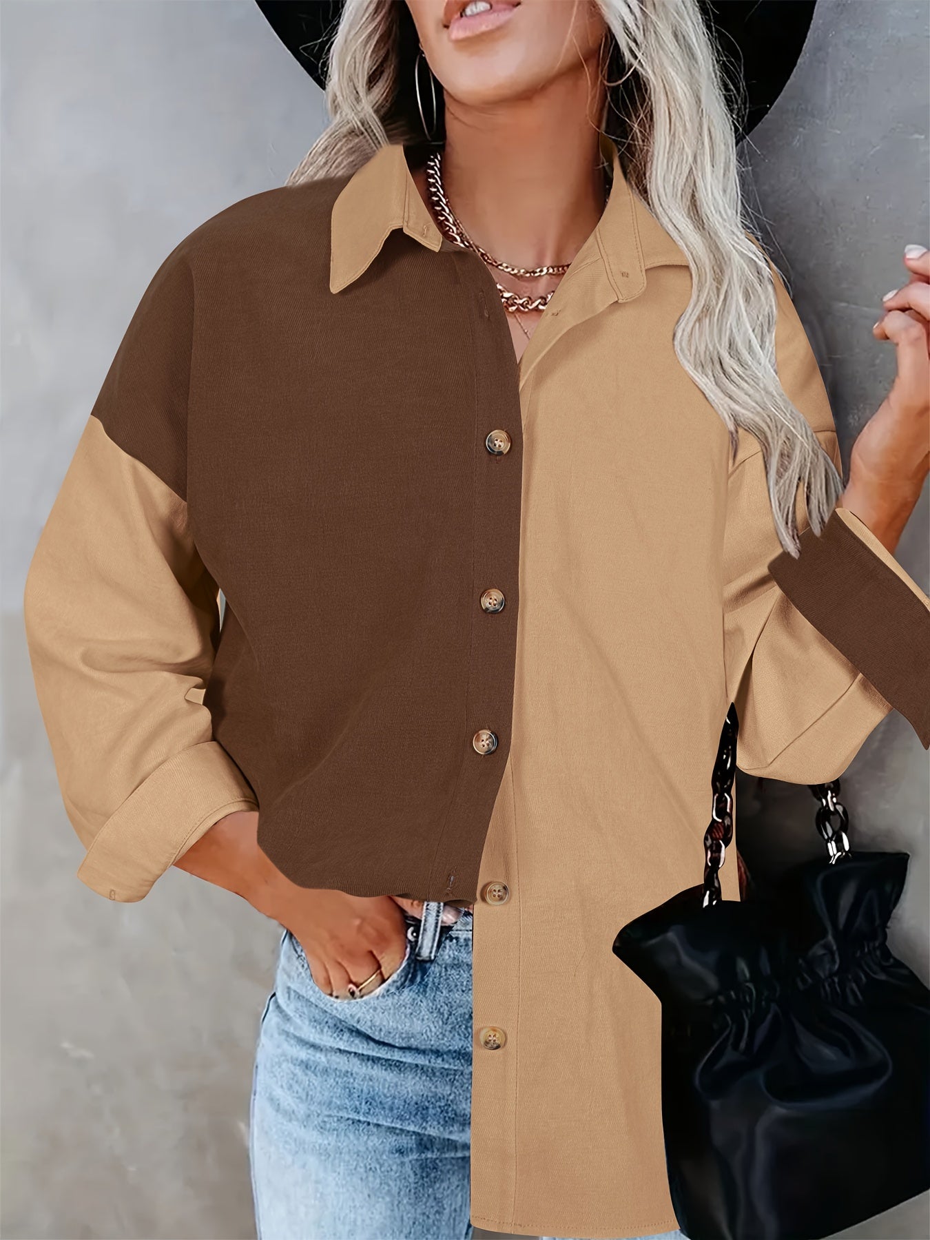  Colorblock Button Up Blouse