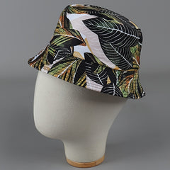 Dark Green Reversible Bucket Hat Beige Large Leaf Lightweight Fisherman Cap