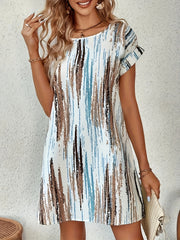  Stripe Print Short Sleeve Round Neck Mini Dress