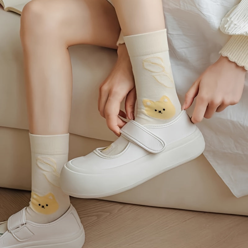 5 Pairs Cartoon Print Socks Comfy & Mid Tube Women's Stockings