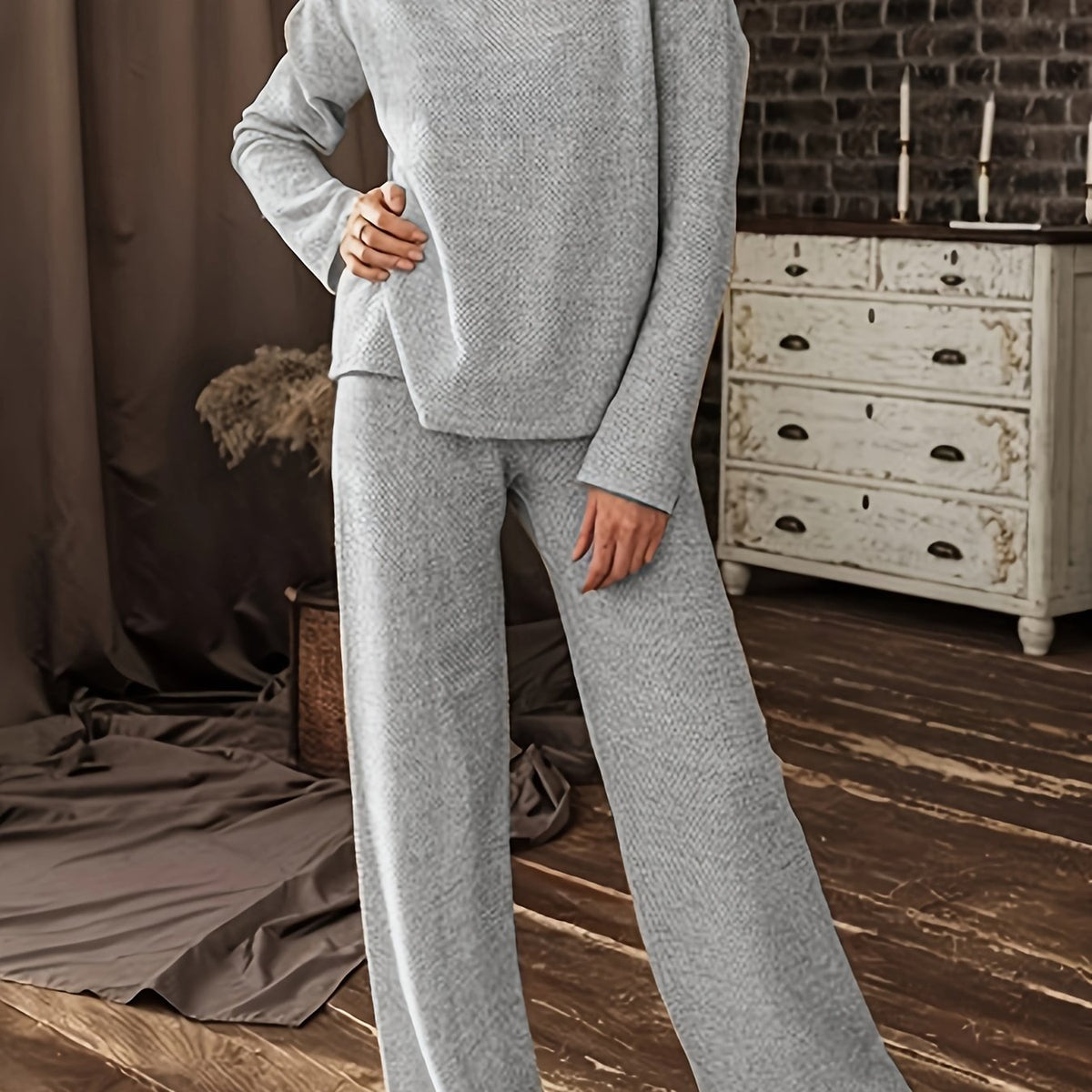 Heathered Round Neck Top & Pants 2 Pc Set