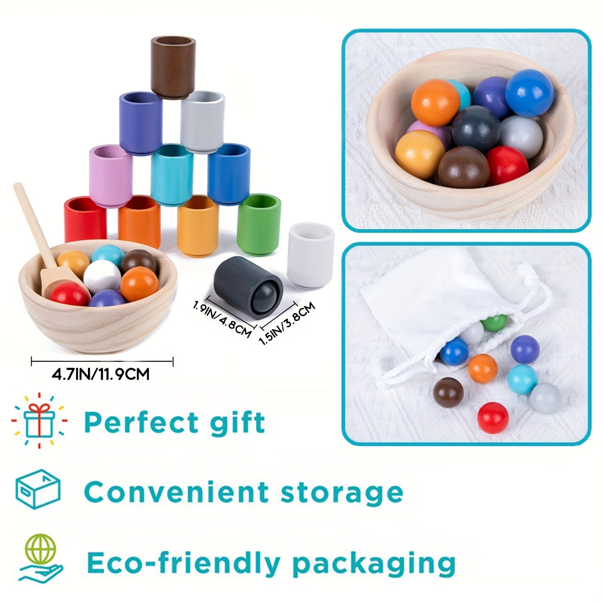 Montessori Wooden Sorter Toy Rainbow Ball And Cups Sorting Game