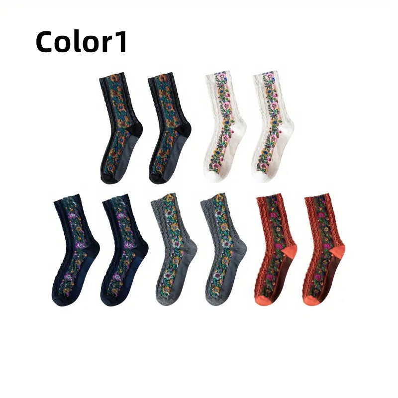 Floral Print Socks Retro Court Style Mid Tube Women's Stockings
