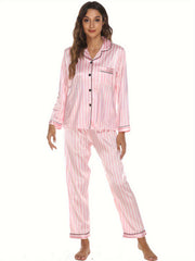 Leopard Print Lounge Set Long Sleeve Button Front Top & Elastic Waistband Pants