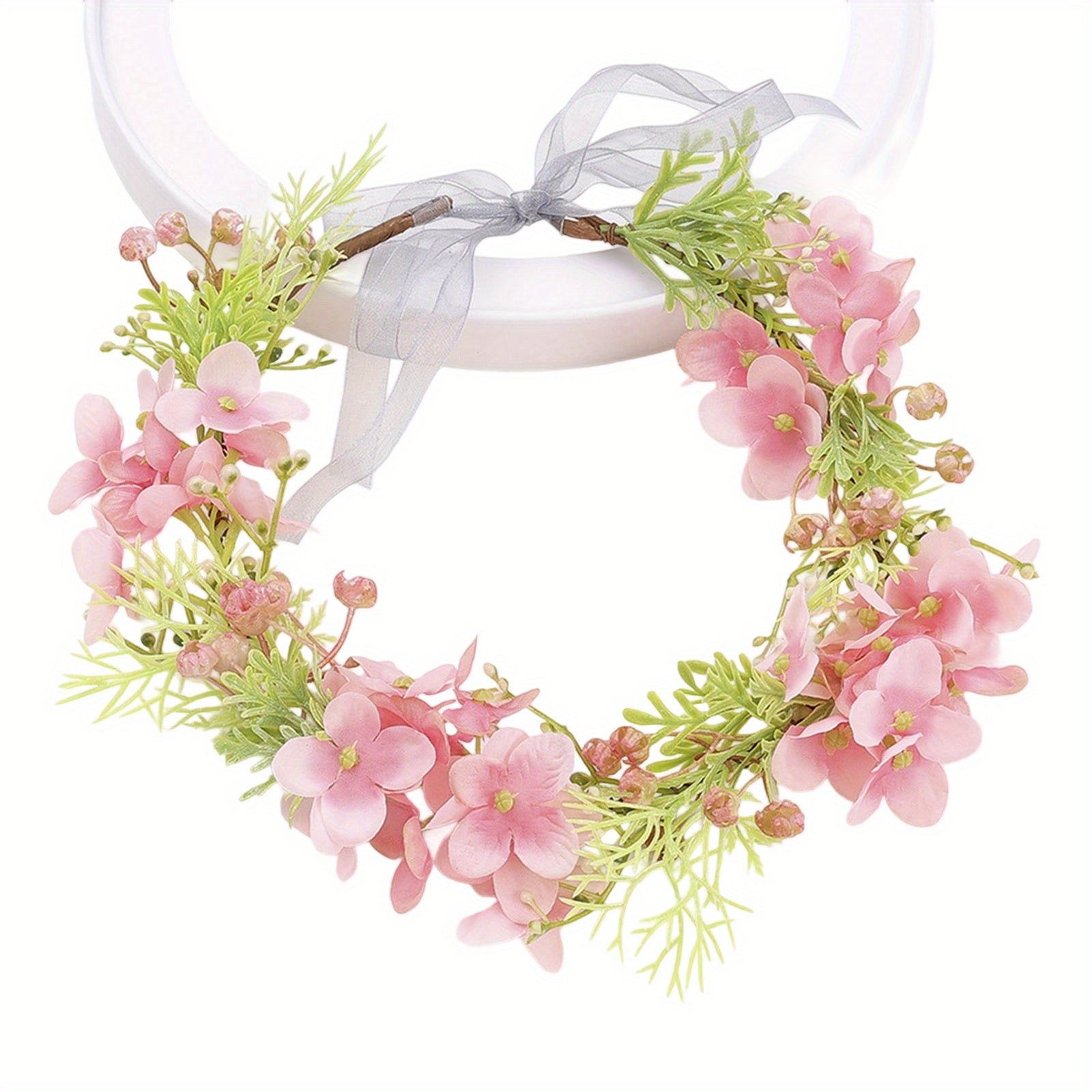 Floral Bridal Flower Crown Headband with Leaf Wreath & Pink Yellow Flowers
