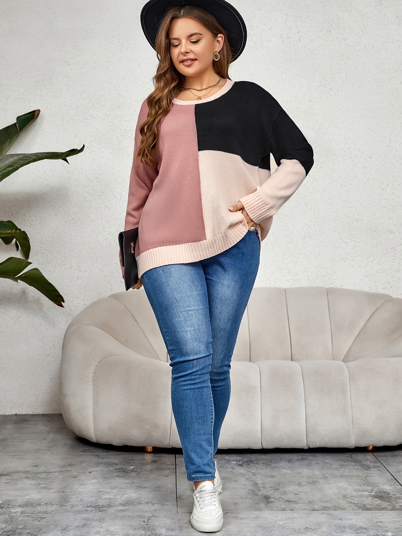  Colorblock Round Neck Sweater