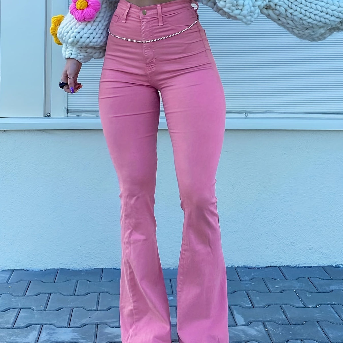 Sexy High Waist Flared Leg Pants Solid Long Length