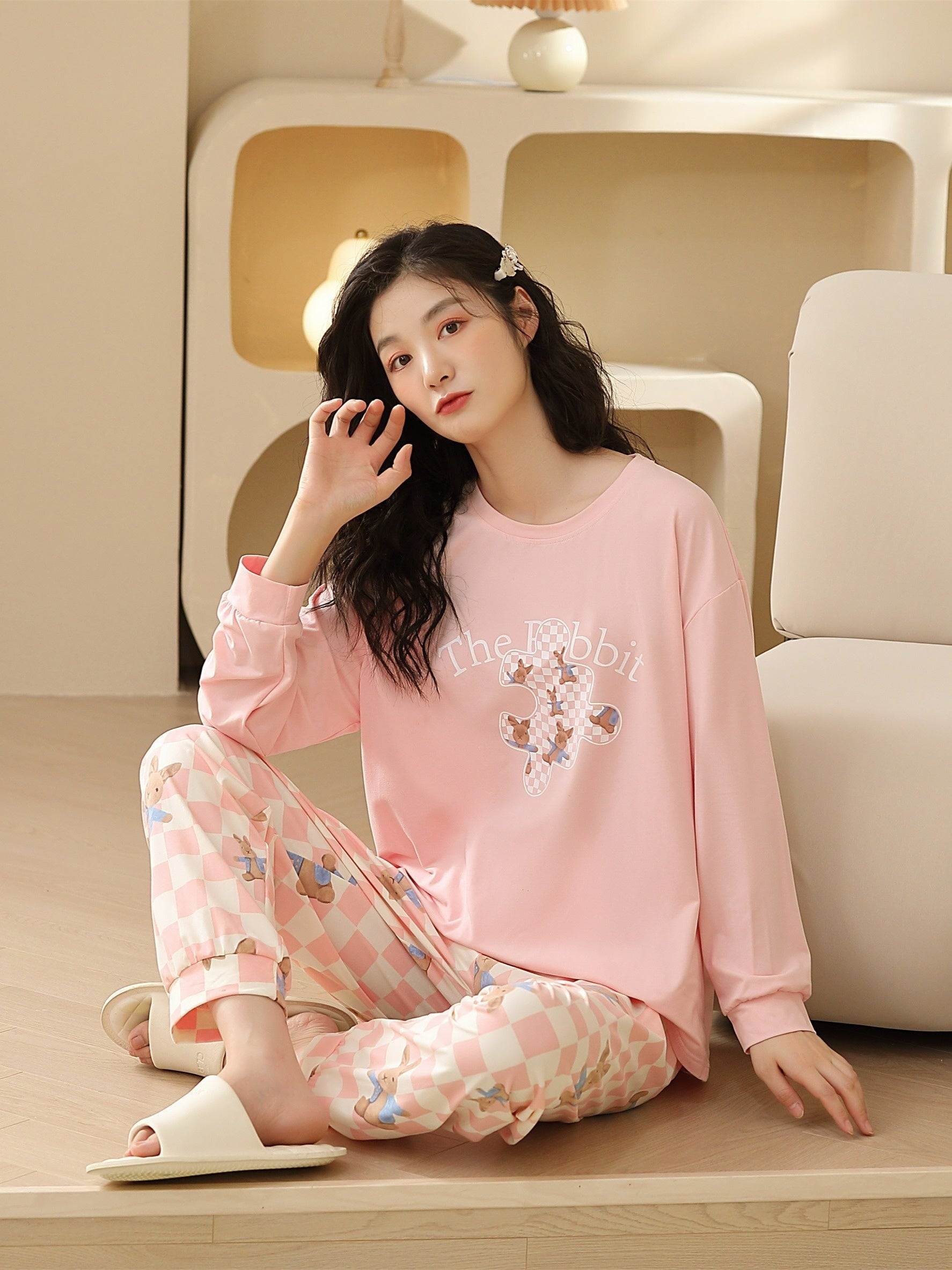 Bunny Print Pajama Set Long Sleeve Crew Neck Top & Plaid Pants