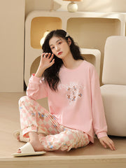 Bunny Print Pajama Set Long Sleeve Crew Neck Top & Plaid Pants