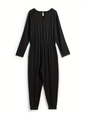 Solid Cinched Waist Jumpsuit Casual Long Sleeve Jumpsuit For Spring & Fall