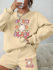  Halloween Graphic Print Sweatshirt & Shorts 2pcs Set