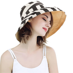 Khaki Reversible Striped Bucket Hat Women Large Brim Sun Visor Casual Cotton Cap