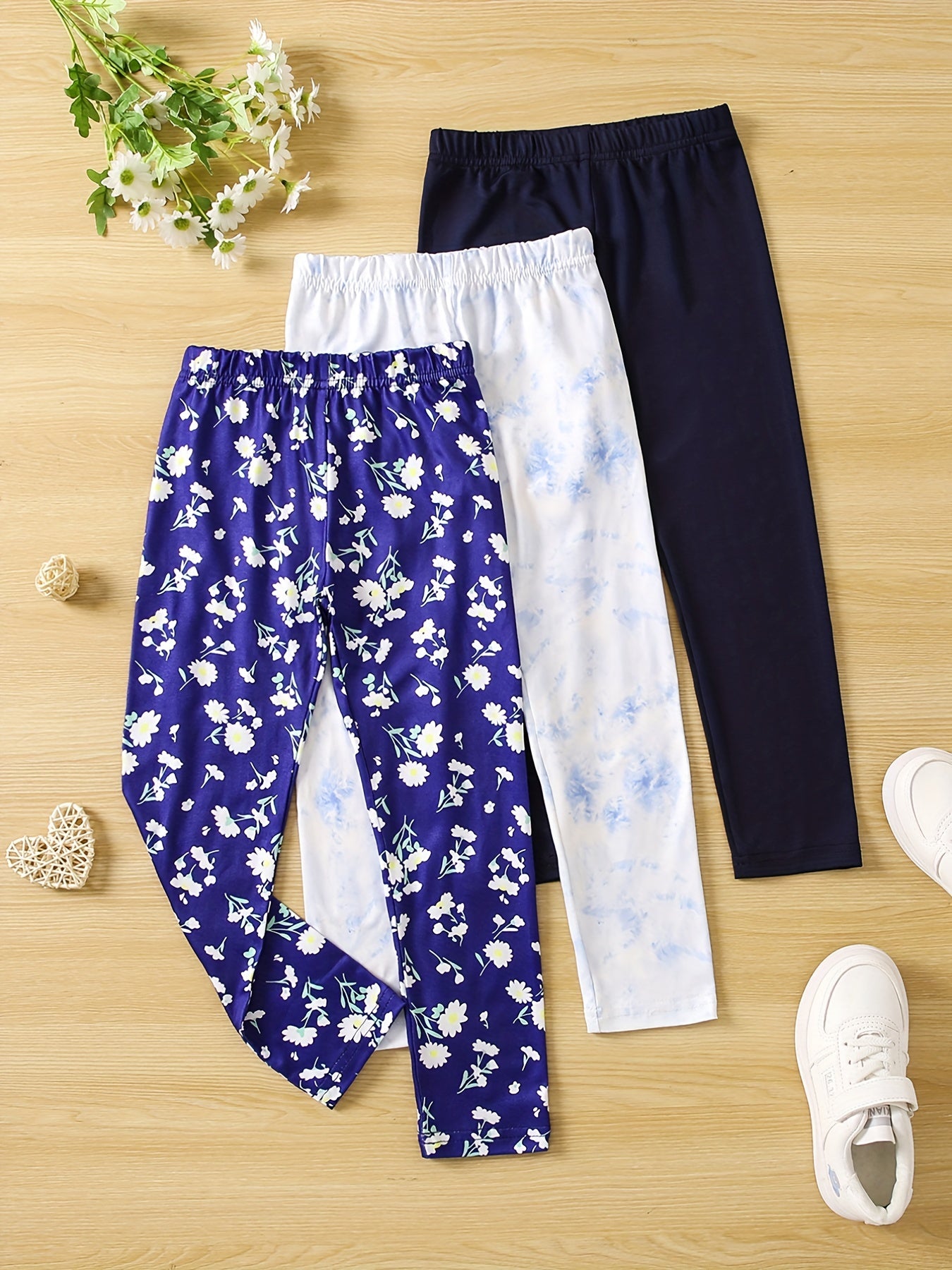 3pcs Girls' Slim Fit Legging Pants Plain Floral Tie Dye Print