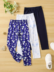 3pcs Girls' Slim Fit Legging Pants Plain Floral Tie Dye Print
